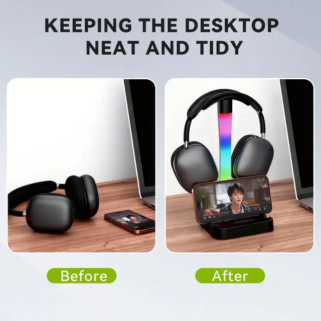 Alt view image 6 of 7 - Headphone Stand with Charger,Gaming Headset stand with RGB Light Mode,For Airpod Max Stand,Desk Lamp,Phone Holder,Tablet Holder,desktop organizer,Gifts for Gamers & Music Lover(Black)