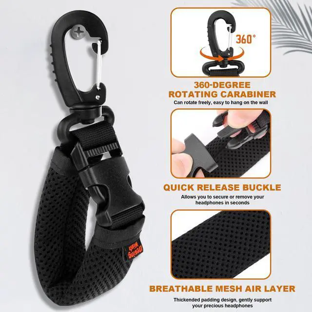 Alt view image 5 of 7 - 2 Pcs Portable Rotating Headphone Hooks Holder with Carabiner, Over-Ear Headset Hanger Storage Hook for Wall/Backpacks/Belt Loops/Bicycles - Black