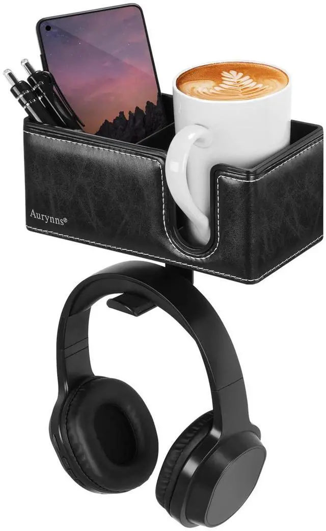 Main image of Under Desk Cup Holder Clamp on Cup Holder PU Leather Clip on Desk Organizer