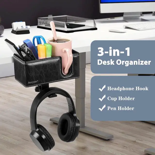Alt view image 2 of 6 - Under Desk Cup Holder Clamp on Cup Holder PU Leather Clip on Desk Organizer