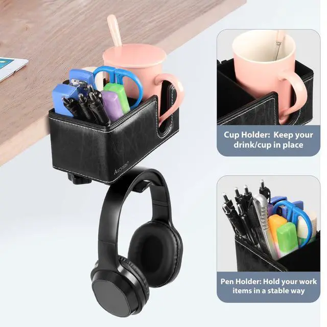 Alt view image 5 of 6 - Under Desk Cup Holder Clamp on Cup Holder PU Leather Clip on Desk Organizer