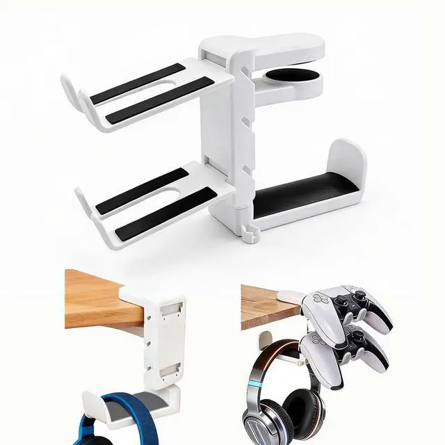Main image of Rotatable Under Desk Headphone Hanger with 2 Controller Slots - 3-in-1 Gaming Accessory with Adjustable Clamp & Cable Organizer,for Home Gaming Xbox ps5 -White