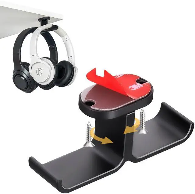 Main image of Under Desk Headphone Hanger with Strong Adhesive and Screws Mount, 360° Rotatable Dual Headset Holder Stand, Aluminum Metal Adjustable Headphone Hook, Perfect for Home Gaming & Office - Black