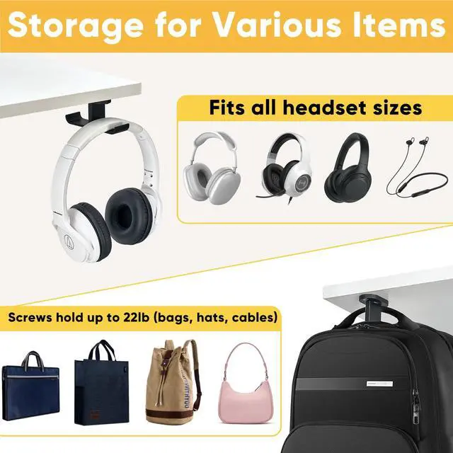 Alt view image 3 of 7 - Under Desk Headphone Hanger with Strong Adhesive and Screws Mount, 360° Rotatable Dual Headset Holder Stand, Aluminum Metal Adjustable Headphone Hook, Perfect for Home Gaming & Office - Black