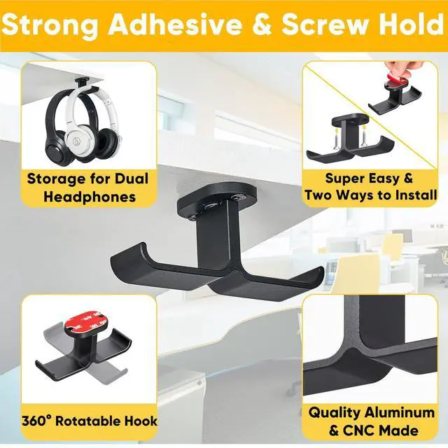 Alt view image 2 of 7 - Under Desk Headphone Hanger with Strong Adhesive and Screws Mount, 360° Rotatable Dual Headset Holder Stand, Aluminum Metal Adjustable Headphone Hook, Perfect for Home Gaming & Office - Black