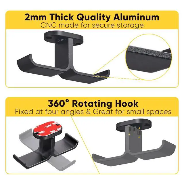 Alt view image 5 of 7 - Under Desk Headphone Hanger with Strong Adhesive and Screws Mount, 360° Rotatable Dual Headset Holder Stand, Aluminum Metal Adjustable Headphone Hook, Perfect for Home Gaming & Office - Black