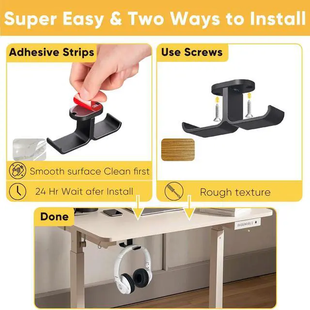 Alt view image 4 of 7 - Under Desk Headphone Hanger with Strong Adhesive and Screws Mount, 360° Rotatable Dual Headset Holder Stand, Aluminum Metal Adjustable Headphone Hook, Perfect for Home Gaming & Office - Black