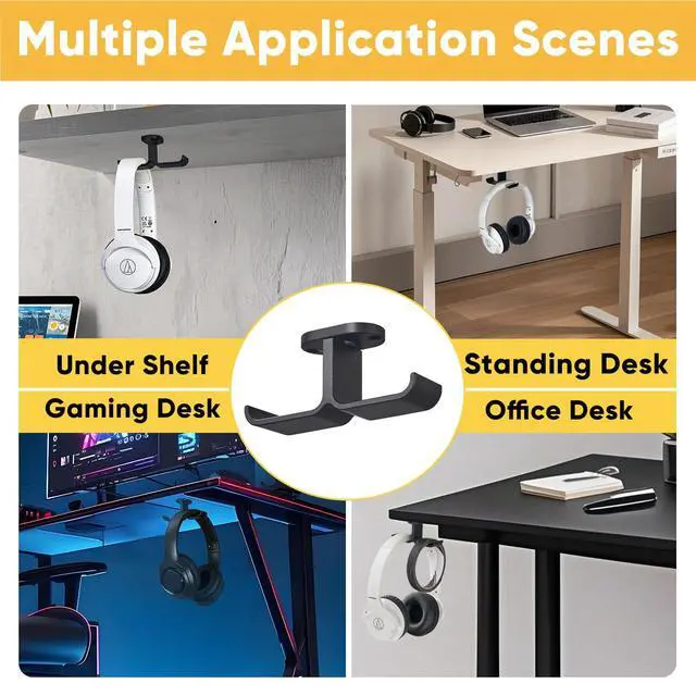 Alt view image 6 of 7 - Under Desk Headphone Hanger with Strong Adhesive and Screws Mount, 360° Rotatable Dual Headset Holder Stand, Aluminum Metal Adjustable Headphone Hook, Perfect for Home Gaming & Office - Black