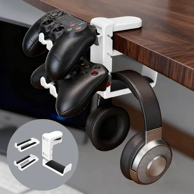 Alt view image 2 of 7 - Rotatable Under Desk Headphone Hanger with 2 Controller Slots - 3-in-1 Gaming Accessory with Adjustable Clamp & Cable Organizer,for Home Gaming Xbox ps5 -White