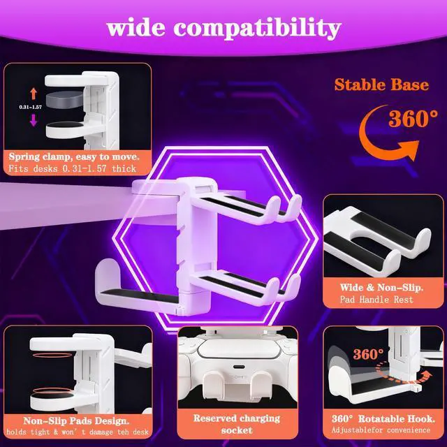 Alt view image 3 of 7 - Rotatable Under Desk Headphone Hanger with 2 Controller Slots - 3-in-1 Gaming Accessory with Adjustable Clamp & Cable Organizer,for Home Gaming Xbox ps5 -White