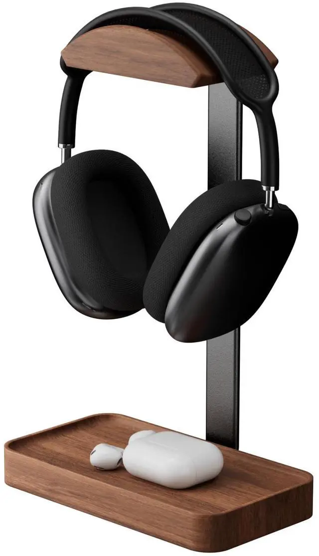 Main image of Walnut Headphone Stand, Wood Headset Stand with Storage Base, Headphones Holder for Gaming, Office, and Home Desk - Compatible with AirPods Max, Bose, Razer (Black)