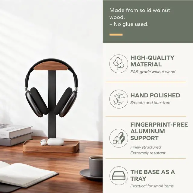 Alt view image 4 of 7 - Walnut Headphone Stand, Wood Headset Stand with Storage Base, Headphones Holder for Gaming, Office, and Home Desk - Compatible with AirPods Max, Bose, Razer (Black)