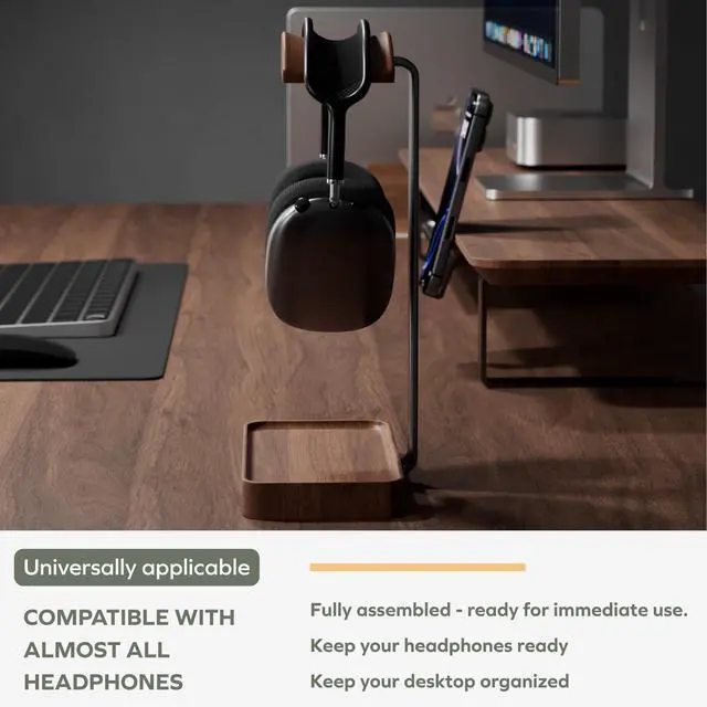 Alt view image 3 of 7 - Walnut Headphone Stand, Wood Headset Stand with Storage Base, Headphones Holder for Gaming, Office, and Home Desk - Compatible with AirPods Max, Bose, Razer (Black)
