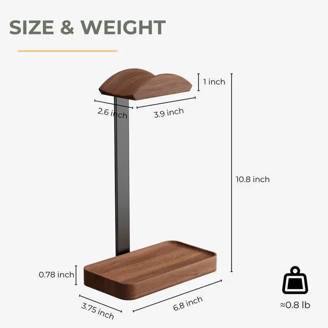 Alt view image 6 of 7 - Walnut Headphone Stand, Wood Headset Stand with Storage Base, Headphones Holder for Gaming, Office, and Home Desk - Compatible with AirPods Max, Bose, Razer (Black)