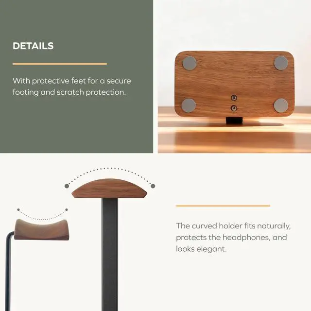 Alt view image 5 of 7 - Walnut Headphone Stand, Wood Headset Stand with Storage Base, Headphones Holder for Gaming, Office, and Home Desk - Compatible with AirPods Max, Bose, Razer (Black)
