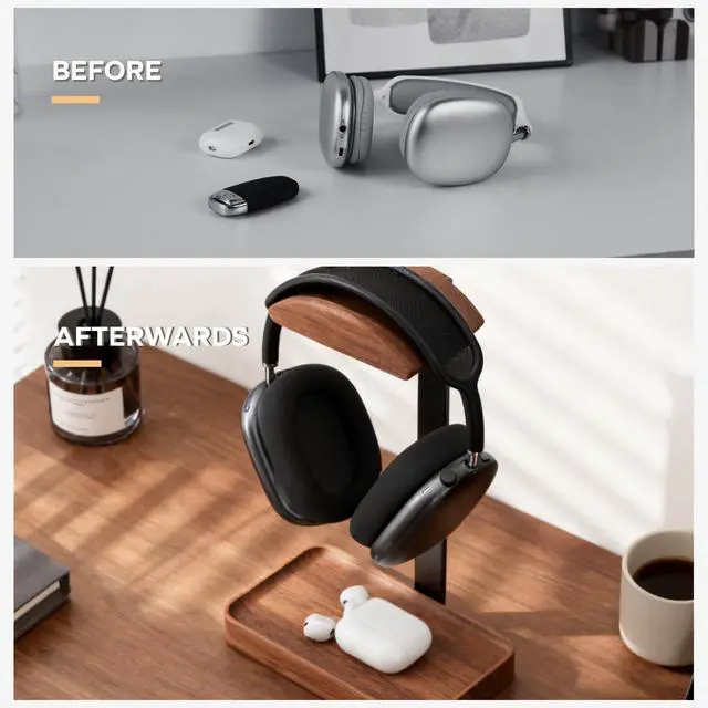 Alt view image 7 of 7 - Walnut Headphone Stand, Wood Headset Stand with Storage Base, Headphones Holder for Gaming, Office, and Home Desk - Compatible with AirPods Max, Bose, Razer (Black)