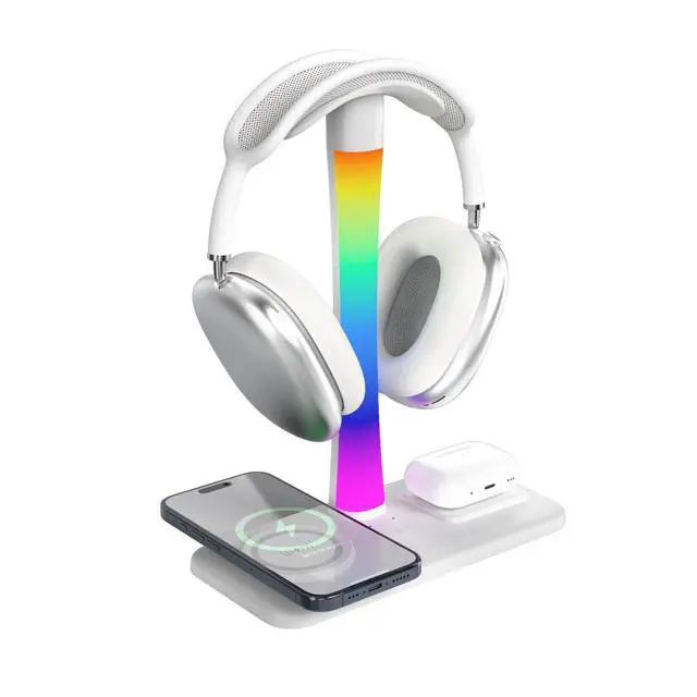 Alt view image 2 of 7 - Headphone Stand with Wireless Charger,Gaming Headset Stand with RGB Light Mode,for iPhone17/16/15/14,Gifts for Gamers & Music Lover (White)