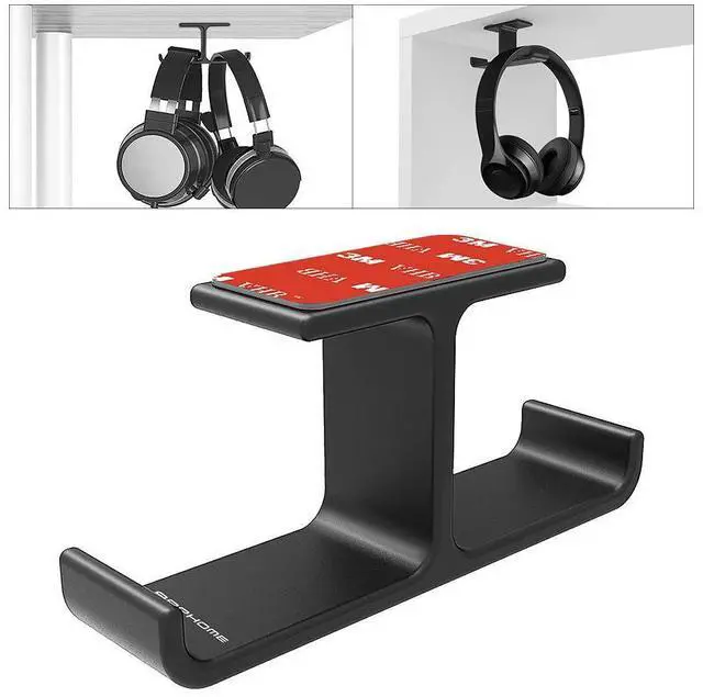 Main image of Dual Headphone Hanger Stand for Under Desk, Aluminum Adhesive Headset Hook Mount with Screw Option, Space-Saving PC Gaming Accessories for All Headphones, Black