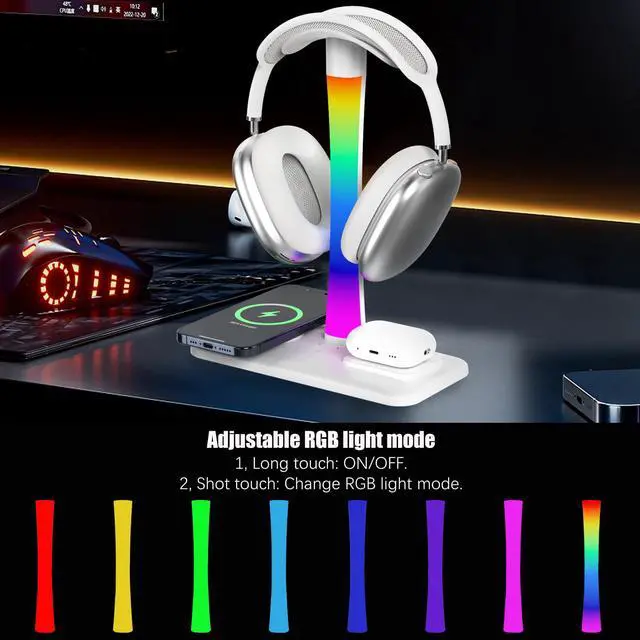 Alt view image 5 of 7 - Headphone Stand with Wireless Charger,Gaming Headset Stand with RGB Light Mode,for iPhone17/16/15/14,Gifts for Gamers & Music Lover (White)