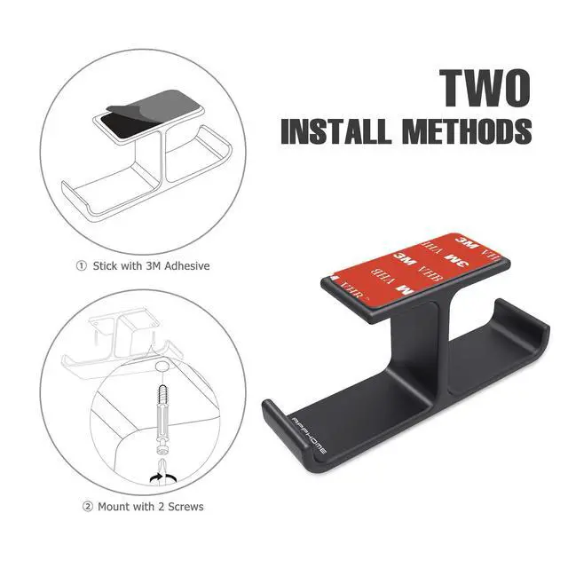 Alt view image 5 of 6 - Dual Headphone Hanger Stand for Under Desk, Aluminum Adhesive Headset Hook Mount with Screw Option, Space-Saving PC Gaming Accessories for All Headphones, Black