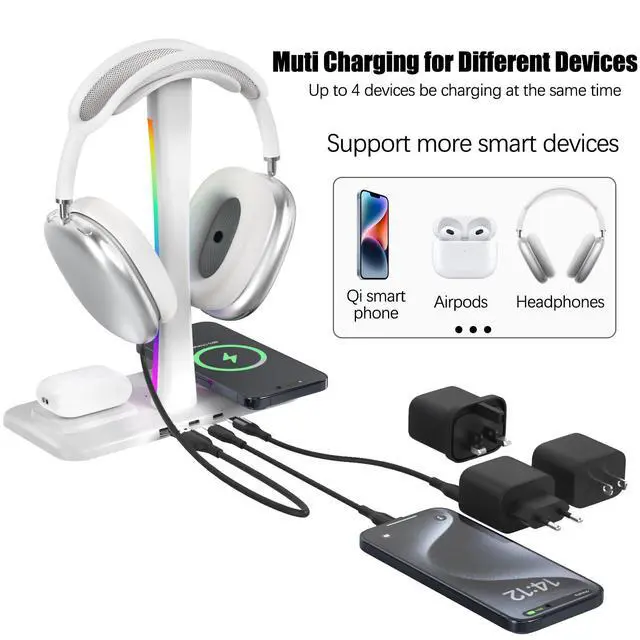 Alt view image 4 of 7 - Headphone Stand with Wireless Charger,Gaming Headset Stand with RGB Light Mode,for iPhone17/16/15/14,Gifts for Gamers & Music Lover (White)