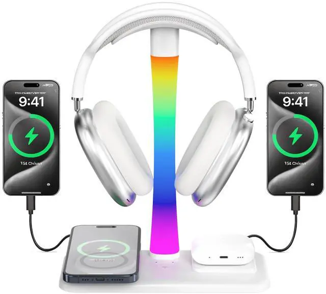 Main image of Headphone Stand with Wireless Charger,Gaming Headset Stand with RGB Light Mode,for iPhone17/16/15/14,Gifts for Gamers & Music Lover (White)