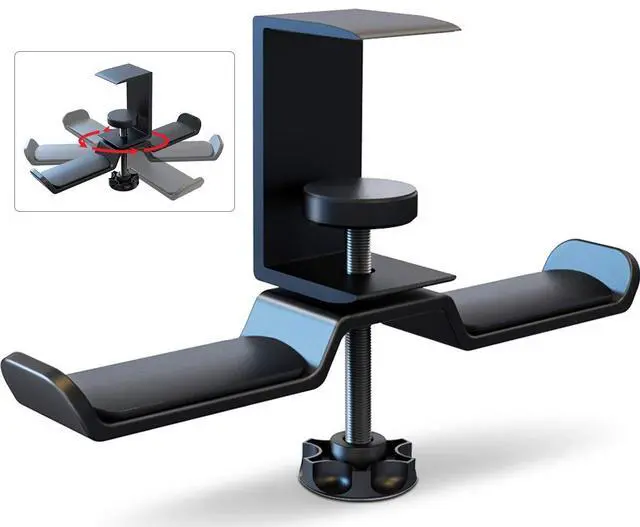 Main image of Dual Headphone Stand Hanger Under Desk, 360 Degree Rotating Aluminum Gaming Headset Holder with Adjustable Clamp, Universal Metal Earphone Hook Mount for All Headsets, Black