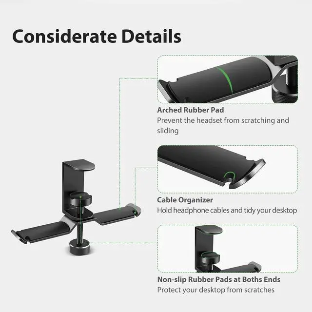Alt view image 3 of 7 - Dual Headphone Stand Hanger Under Desk, 360 Degree Rotating Aluminum Gaming Headset Holder with Adjustable Clamp, Universal Metal Earphone Hook Mount for All Headsets, Black