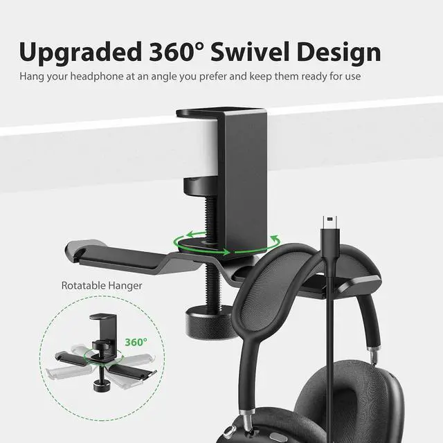 Alt view image 2 of 7 - Dual Headphone Stand Hanger Under Desk, 360 Degree Rotating Aluminum Gaming Headset Holder with Adjustable Clamp, Universal Metal Earphone Hook Mount for All Headsets, Black