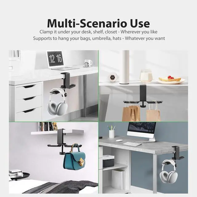 Alt view image 6 of 7 - Dual Headphone Stand Hanger Under Desk, 360 Degree Rotating Aluminum Gaming Headset Holder with Adjustable Clamp, Universal Metal Earphone Hook Mount for All Headsets, Black