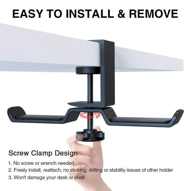 Alt view image 4 of 7 - Dual Headphone Stand Hanger Under Desk, 360 Degree Rotating Aluminum Gaming Headset Holder with Adjustable Clamp, Universal Metal Earphone Hook Mount for All Headsets, Black