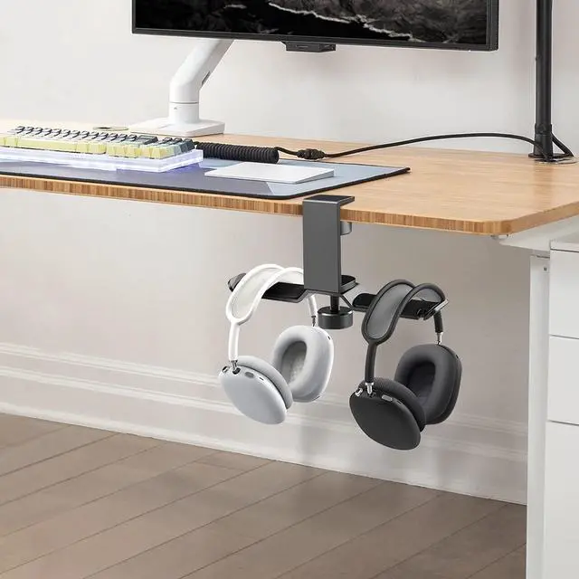 Alt view image 7 of 7 - Dual Headphone Stand Hanger Under Desk, 360 Degree Rotating Aluminum Gaming Headset Holder with Adjustable Clamp, Universal Metal Earphone Hook Mount for All Headsets, Black