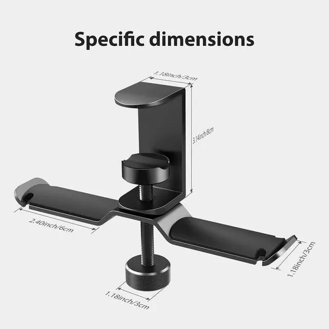 Alt view image 5 of 7 - Dual Headphone Stand Hanger Under Desk, 360 Degree Rotating Aluminum Gaming Headset Holder with Adjustable Clamp, Universal Metal Earphone Hook Mount for All Headsets, Black