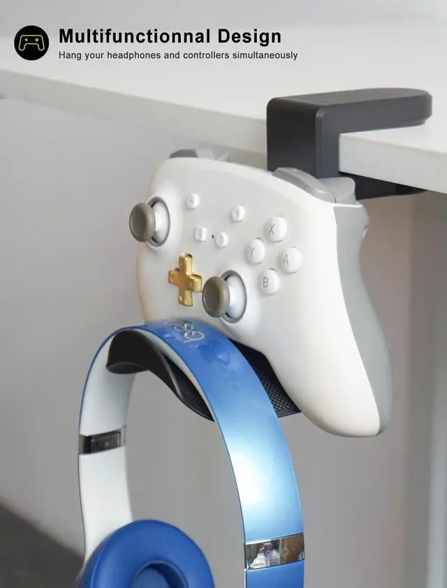 Alt view image 6 of 6 - Headphone Holder Hanger Upgraded with Rotating & Adjustable Clamp for Controller & Headphones, Headset Stand Under Desk Hook Mount Built in Cable Clip