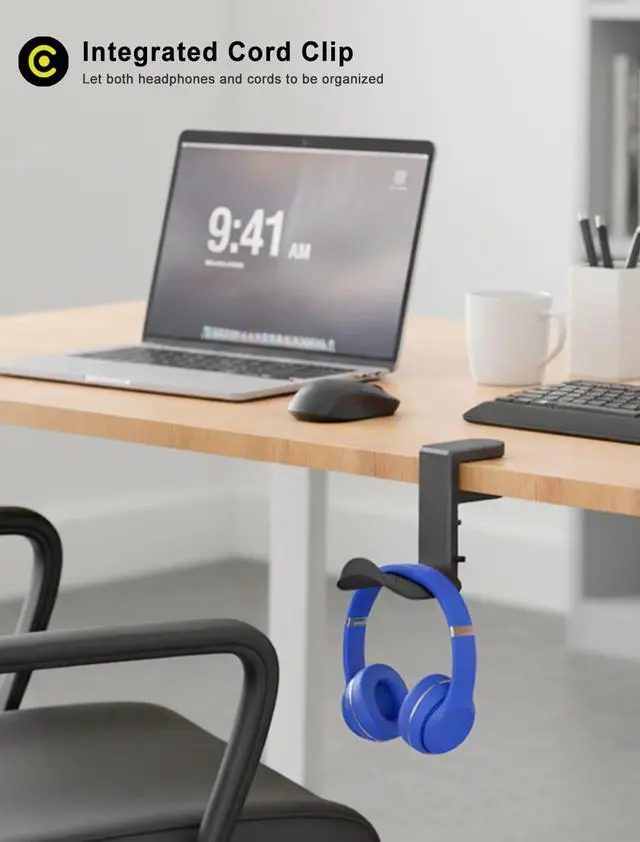 Alt view image 3 of 6 - Headphone Holder Hanger Upgraded with Rotating & Adjustable Clamp for Controller & Headphones, Headset Stand Under Desk Hook Mount Built in Cable Clip