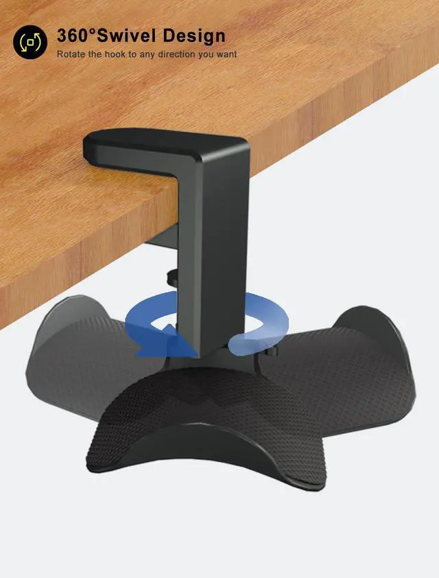 Alt view image 2 of 6 - Headphone Holder Hanger Upgraded with Rotating & Adjustable Clamp for Controller & Headphones, Headset Stand Under Desk Hook Mount Built in Cable Clip