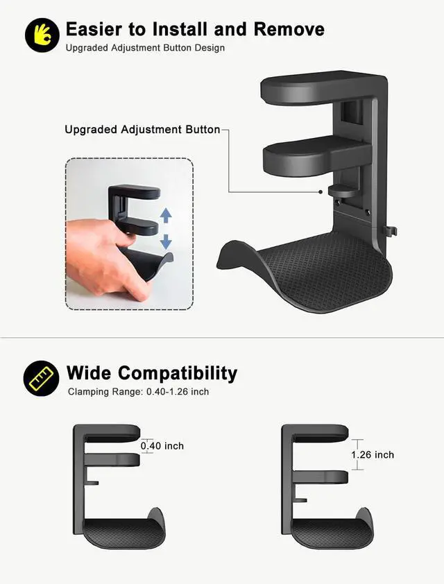 Alt view image 5 of 6 - Headphone Holder Hanger Upgraded with Rotating & Adjustable Clamp for Controller & Headphones, Headset Stand Under Desk Hook Mount Built in Cable Clip