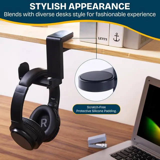 Alt view image 4 of 7 - Headphone Stand for Desk - Clamp-On Headset Holder with 360° Rotating Hook