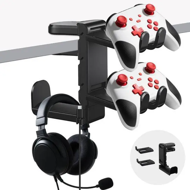 Main image of Premium Headset Stand & Gaming Headphone & Controller Holder - 360° Adjustable Under Desk Hook with Cable Management, Black - Perfect Desk & PC Accessories