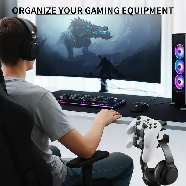 Alt view image 3 of 7 - Premium Headset Stand & Gaming Headphone & Controller Holder - 360° Adjustable Under Desk Hook with Cable Management, Black - Perfect Desk & PC Accessories