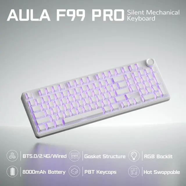Alt view image 2 of 7 - Aula F99 Pro Wireless Silent Mechanical Office Keyboard with Knob Num Pad