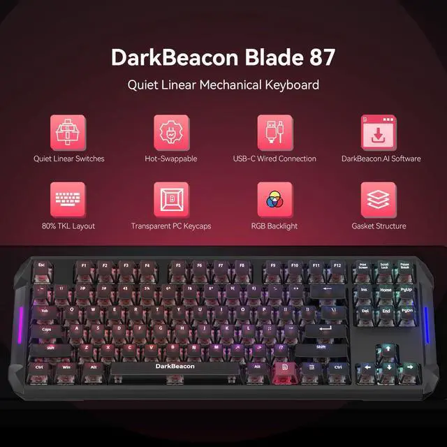 Alt view image 2 of 7 - Blade87 TKL Mechanical Keyboard with Silent Switches, Quiet Typing 87 Keys, Hot Swappable, Gasket Structure, 8000Hz, N-Key Rollover, RGB Backlit, USB Wired Gaming Keyboards for Win/Mac