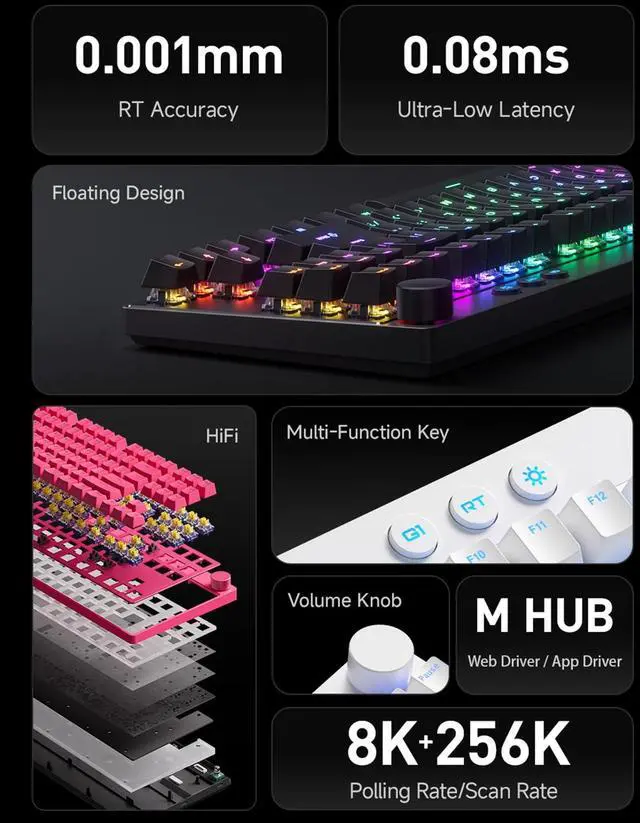 Alt view image 2 of 7 - Mix 87 TKL Wired Gaming Keyboard Magnetic Switch Hall Effect Keyboards Rapid Trigger SOCD 8K Polling Rate Volume Knob Adjustable Actuation Point RGB Lighting HotSwap White Apollo Switch