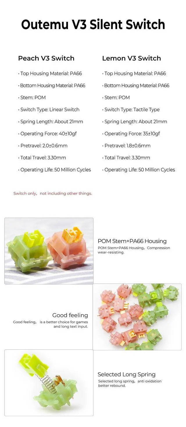 Alt view image 2 of 7 - Outemu Silent Peach V3 Switch Silent Lemon V3 Switch Linear Tactile Lime for Mechanical Keyboard POM PA66 Factory Lubed (OTM V3 Silent Peach No LiGuide Switch x90)