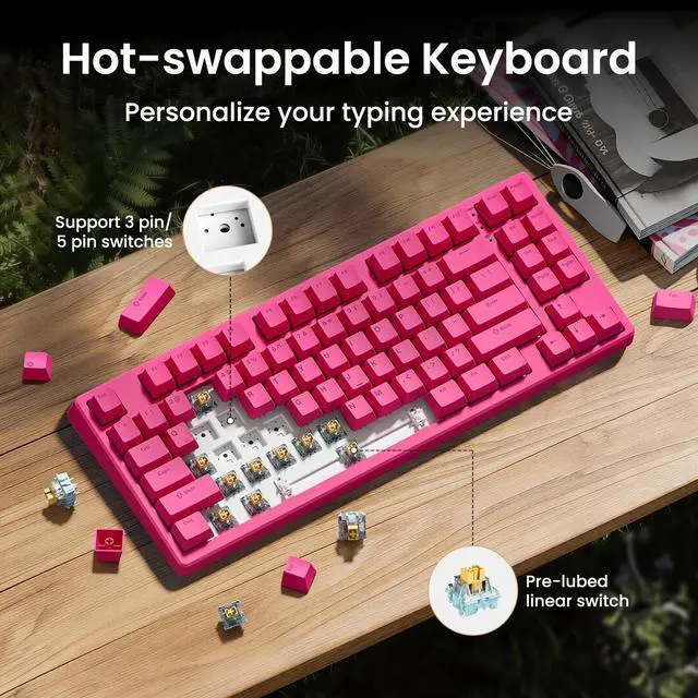 Alt view image 5 of 7 - KN85 Wireless Silent Mechanical Keyboard, 75% Layout, Bluetooth/2.4GHz/USB-C, Custom RGB Backlit, Hot Swappable, Quiet Typing for Windows/Mac/PC (Berry Red)
