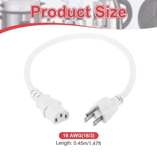 Alt view image 2 of 5 - 1.5ft 18 AWG White 18/3 Universal Power Cord C13 to NEMA 5-15P 10A 125V 3-Prong Extension Power Cord for PC,Computer,Printers,TV,AC Adapter,Laptop,Monitor,Projector