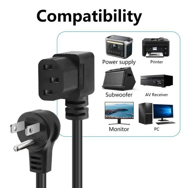 Alt view image 2 of 7 - 3.9FT 18AWG NEMA 5-15P to Left Angle IEC 320 C13 Computer Power Cord,10A/250V, 3 Prong AC Power Cord Cable for TV, Computer, Printer, Radio, Monitor, Laptop and More