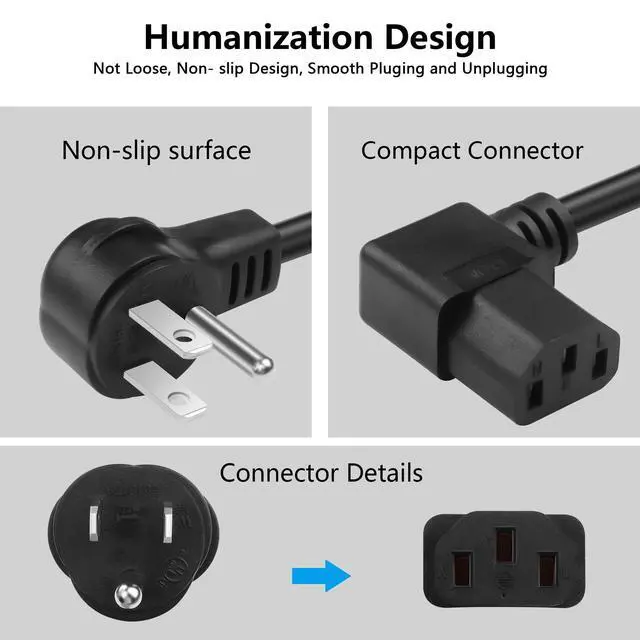 Alt view image 5 of 7 - 3.9FT 18AWG NEMA 5-15P to Left Angle IEC 320 C13 Computer Power Cord,10A/250V, 3 Prong AC Power Cord Cable for TV, Computer, Printer, Radio, Monitor, Laptop and More