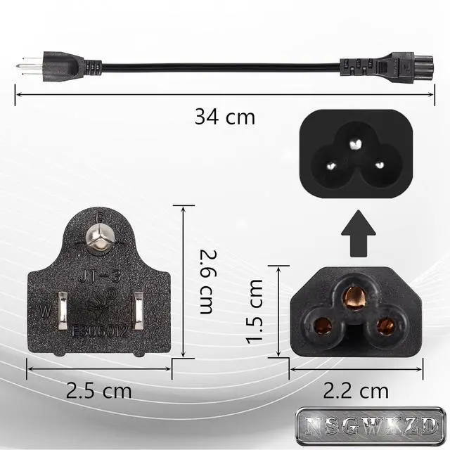 Alt view image 4 of 5 - C5 Power Cord 1 ft Short, Nema 5-15P to IEC-320 3 Prong Power Cable Charging for Laptop Notebook Computer