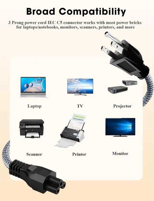 Alt view image 6 of 7 - 3 Prong AC Laptop Power Cord 0.3m-Braided Universal Power Cable for Dell HP LG Lenovo Asus Acer Toshiba Sony Laptops/Notebooks, Monitors, Printers, Scanners UL Listed NEMA 5-15P to C5 Power Cable